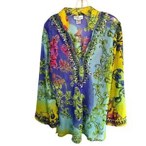 EY Signature Large Women's Top Green Beaded Shirt Blouse Misses Size 12 14 L